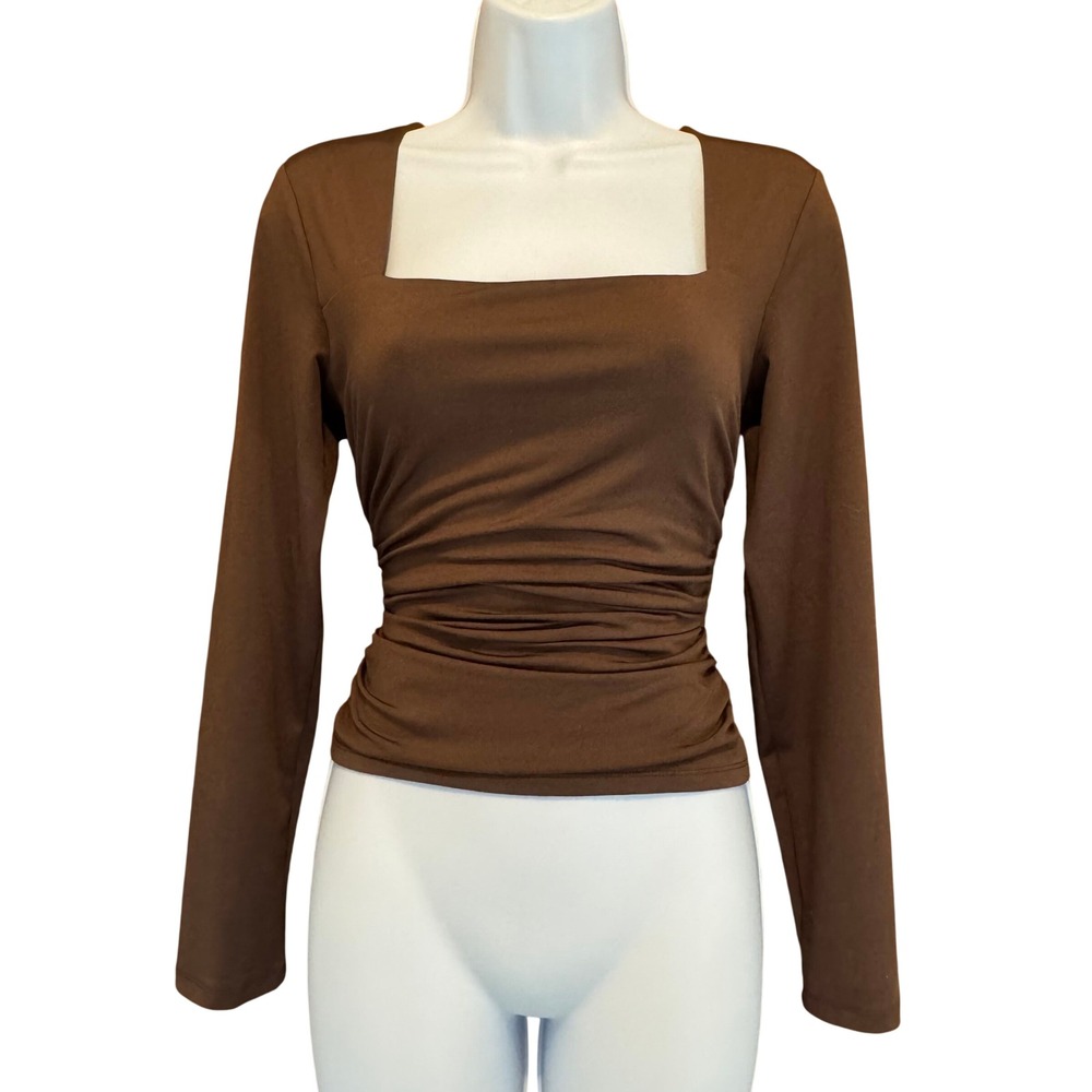 Ruched Square Neck Top L Envie Brown Long Sleeve Fitted Y2K Bratz Neutral Earthy